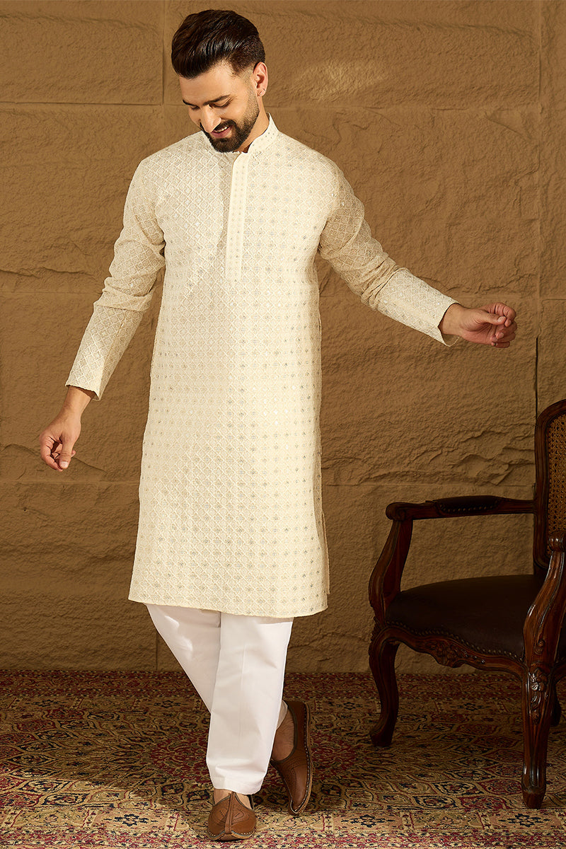 Off White Cotton Solid Printed Straight Kurta MKU1699