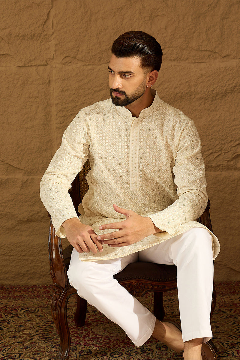 Off White Cotton Solid Printed Straight Kurta with Trouser MKSET1699