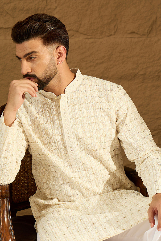 Off White Cotton Solid Printed Straight Kurta MKU1700