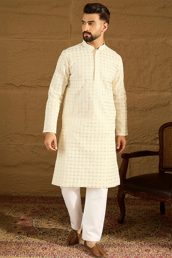 Off White Cotton Solid Printed Straight Kurta with Trouser MKSET1700