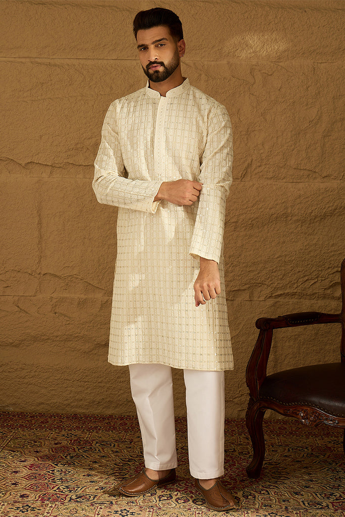 Off White Cotton Solid Printed Straight Kurta with Trouser MKSET1700