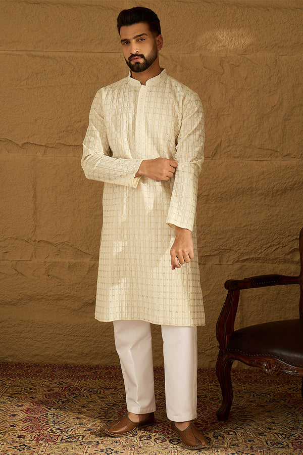 Off White Cotton Solid Printed Straight Kurta with Trouser MKSET1700