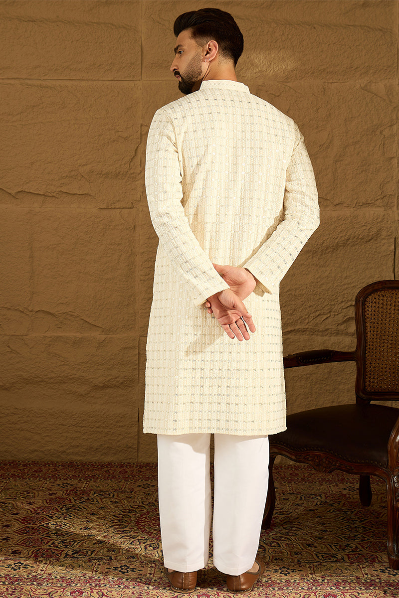 Off White Cotton Solid Printed Straight Kurta MKU1700