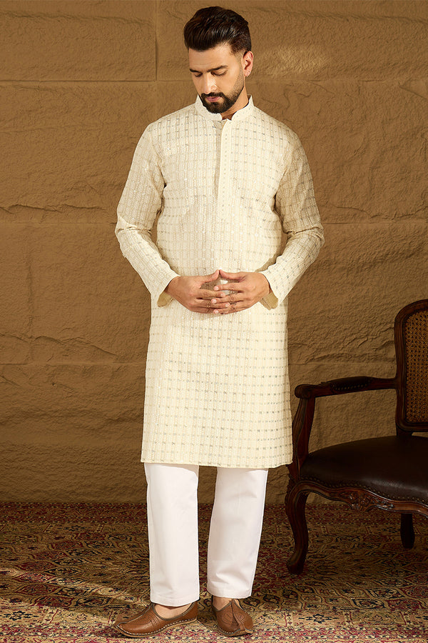 Off White Cotton Solid Printed Straight Kurta with Trouser MKSET1700