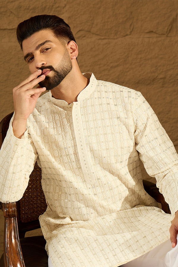 Off White Cotton Solid Printed Straight Kurta with Trouser MKSET1700