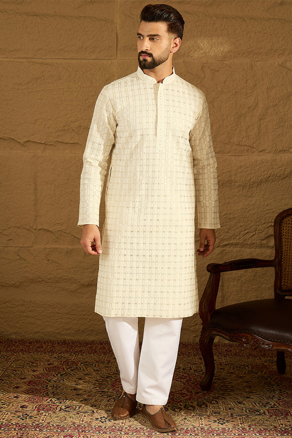 Off White Cotton Solid Printed Straight Kurta with Trouser MKSET1700
