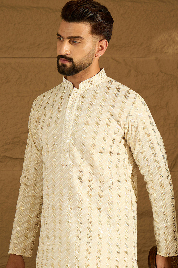 Off White Cotton Solid Printed Straight Kurta with Trouser MKSET1702