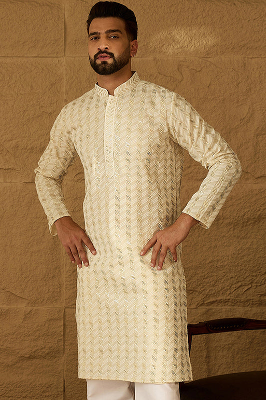 Off White Cotton Solid Printed Straight Kurta MKU1702