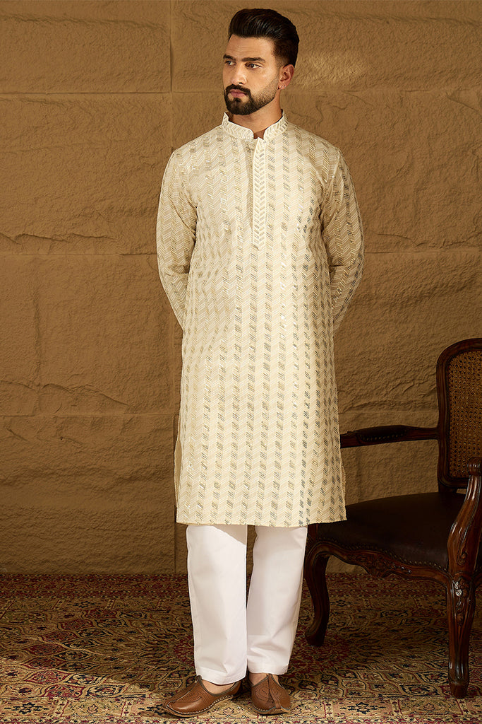 Off White Cotton Solid Printed Straight Kurta with Trouser MKSET1702