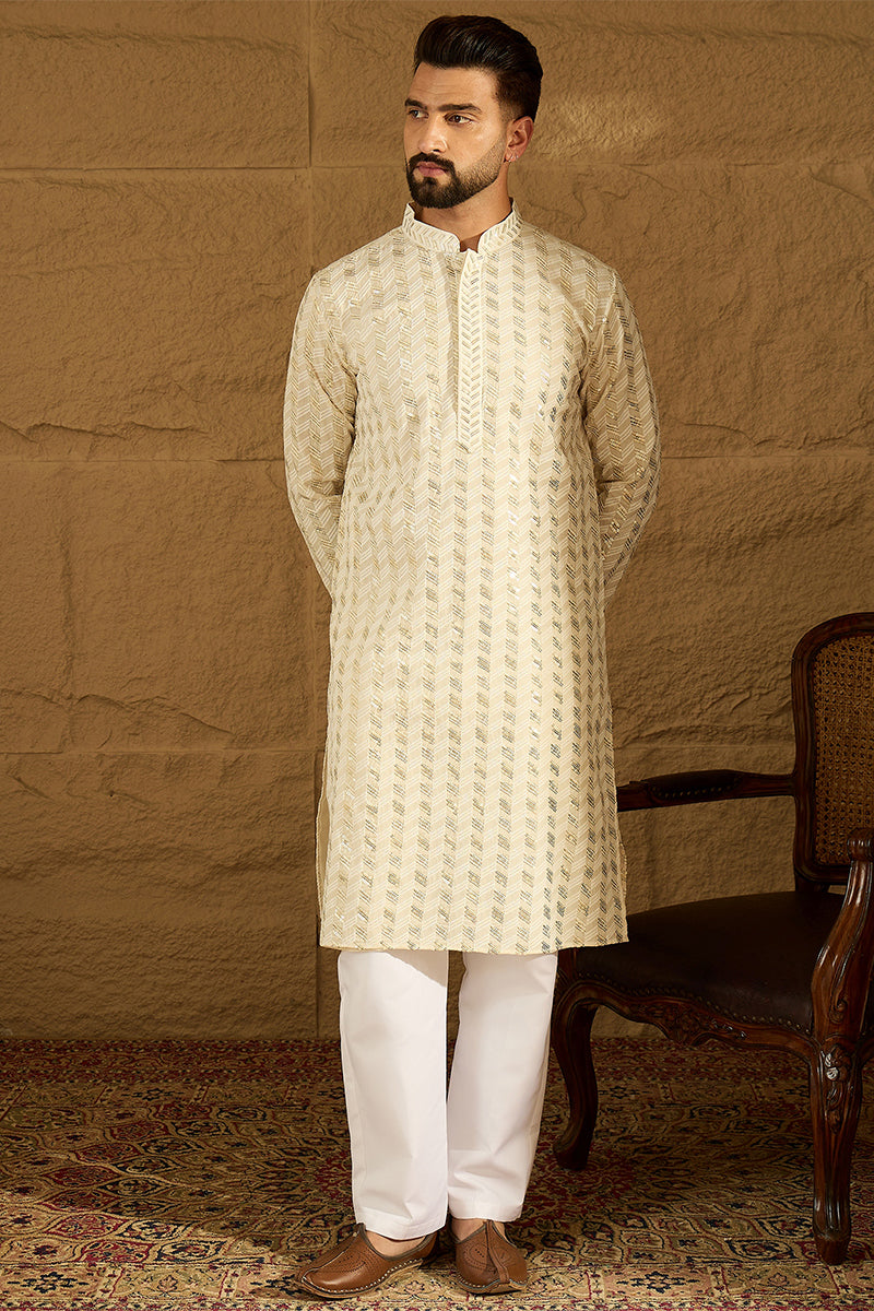 Off White Cotton Solid Printed Straight Kurta MKU1702
