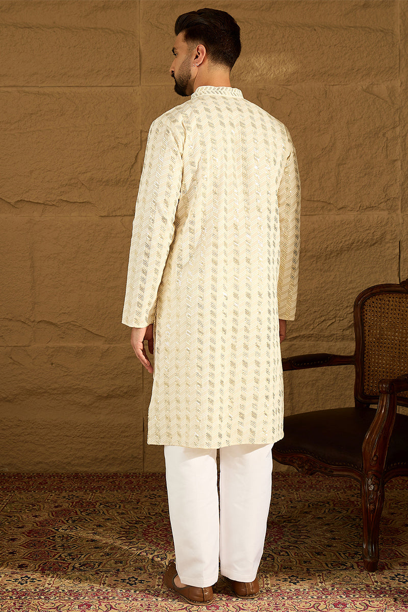 Off White Cotton Solid Printed Straight Kurta MKU1702