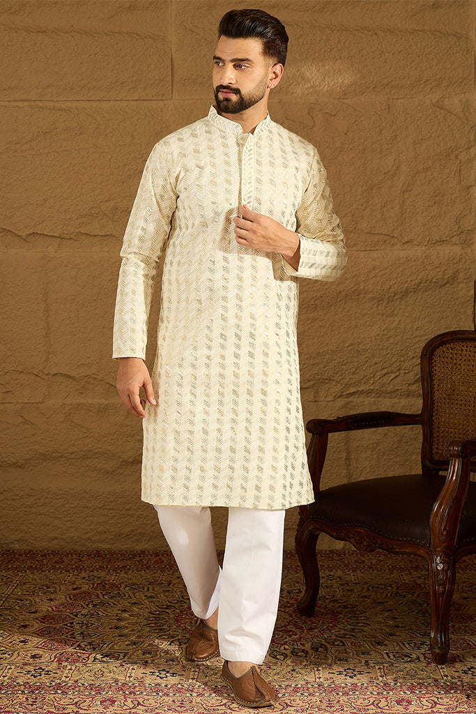 Off White Cotton Solid Printed Straight Kurta with Trouser MKSET1702