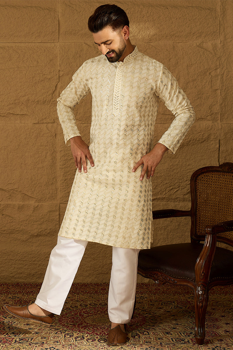 Off White Cotton Solid Printed Straight Kurta with Trouser MKSET1702