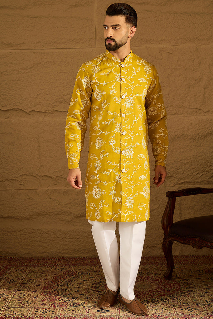 Yellow Viscose Rayon Solid Embroidered Straight Kurta with Trouser MKSET1703
