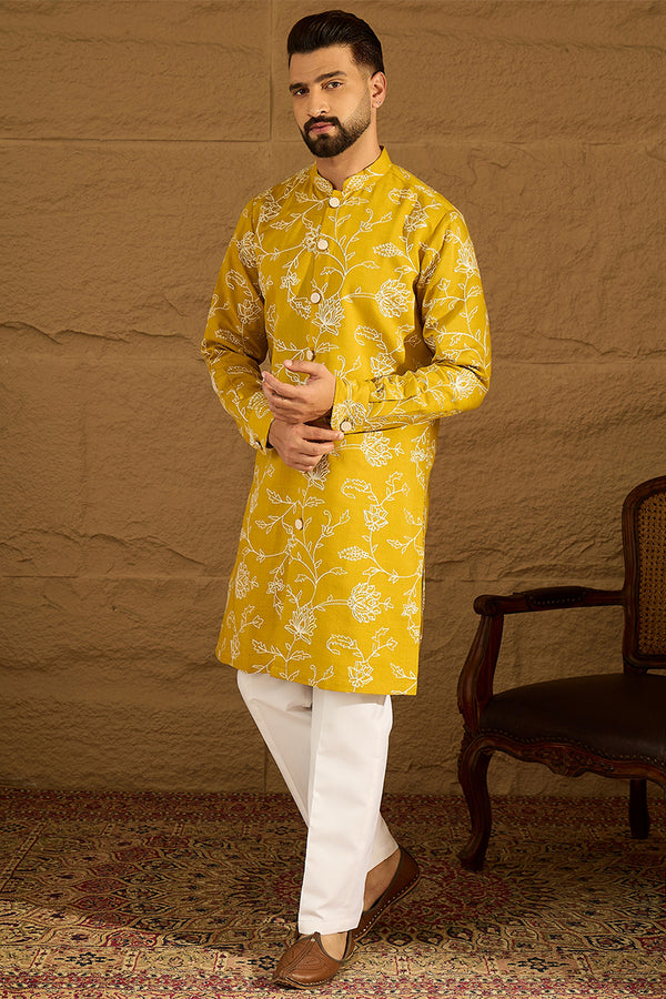 Yellow Viscose Rayon Solid Embroidered Straight Kurta with Trouser MKSET1703