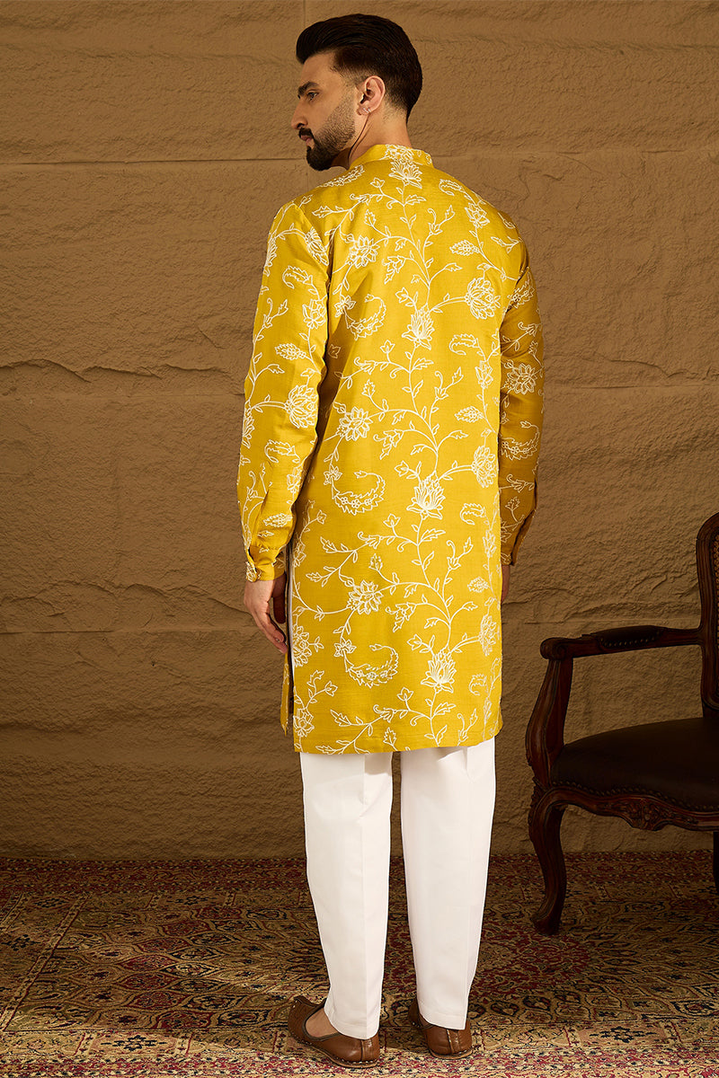 Yellow Viscose Rayon Solid Embroidered Straight Kurta with Trouser MKSET1703