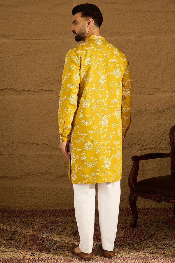 Yellow Viscose Rayon Solid Embroidered Straight Kurta with Trouser MKSET1703