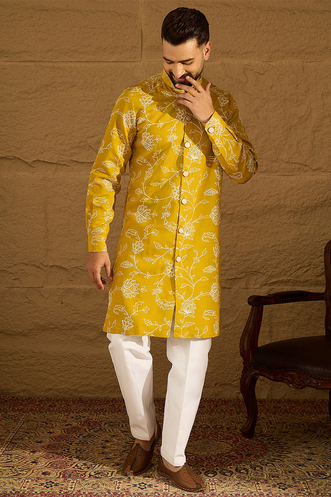 Yellow Viscose Rayon Solid Embroidered Straight Kurta with Trouser MKSET1703