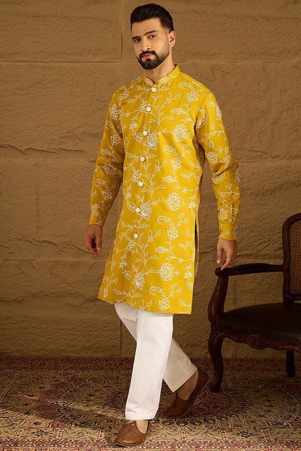 Yellow Viscose Rayon Solid Embroidered Straight Kurta MKU1703