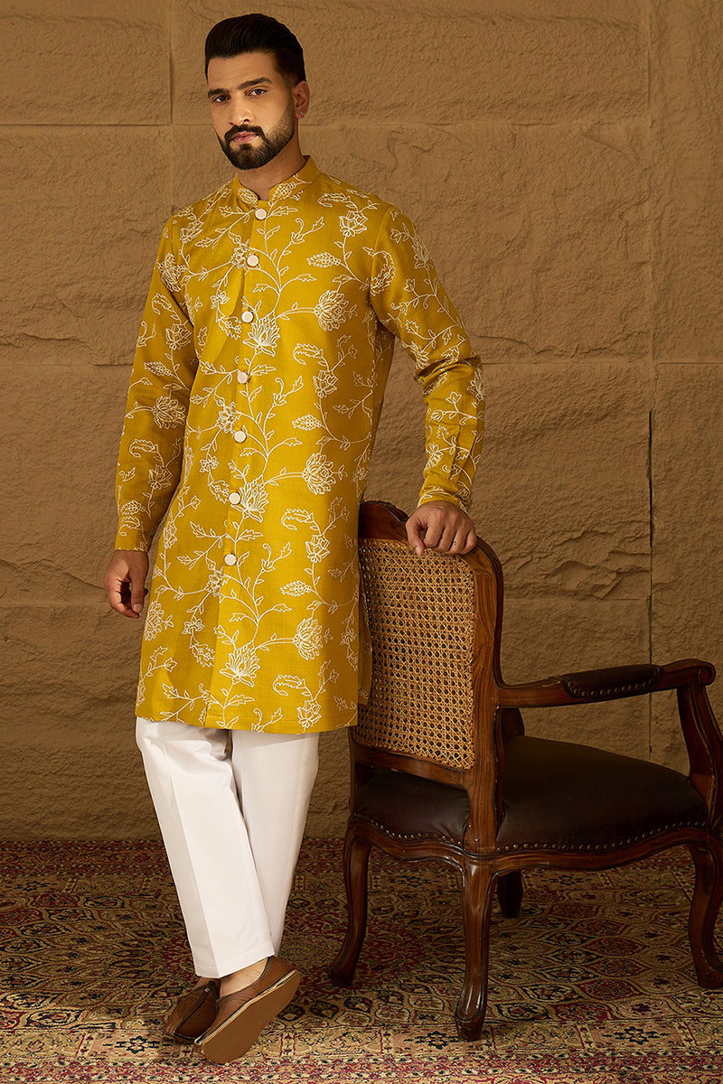 Yellow Viscose Rayon Solid Embroidered Straight Kurta MKU1703