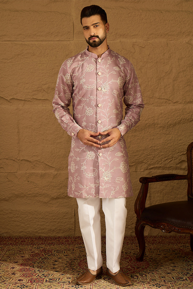 Lavender Viscose Rayon Solid Embroidered Straight Kurta with Trouser MKSET1704