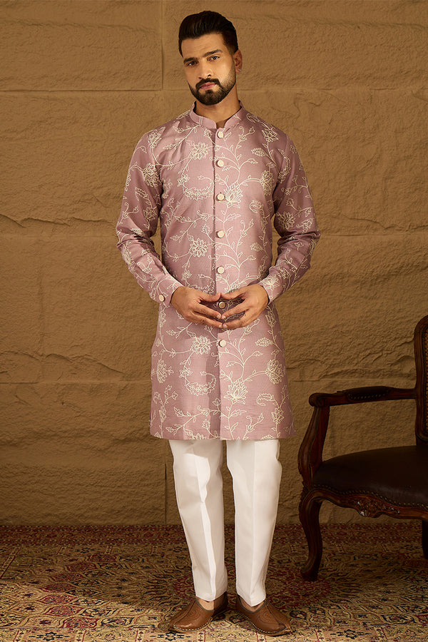 Lavender Viscose Rayon Solid Embroidered Straight Kurta with Trouser MKSET1704