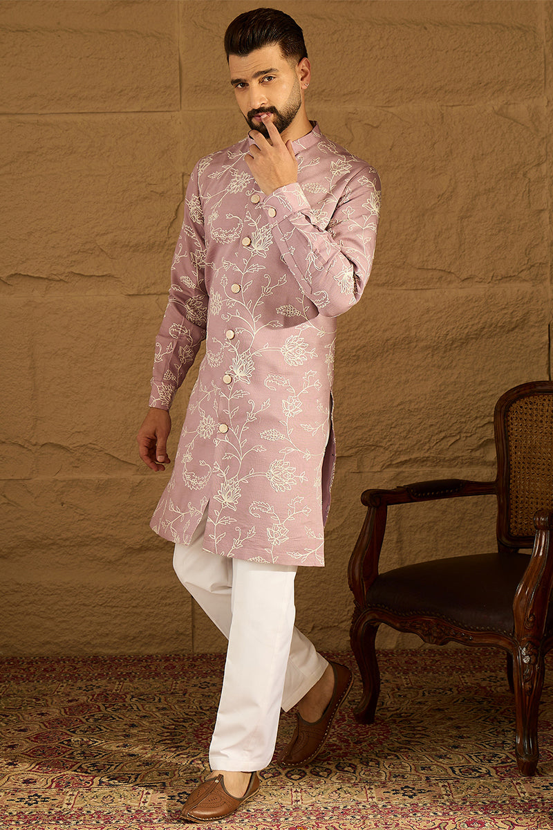 Lavender Viscose Rayon Solid Embroidered Straight Kurta with Trouser MKSET1704
