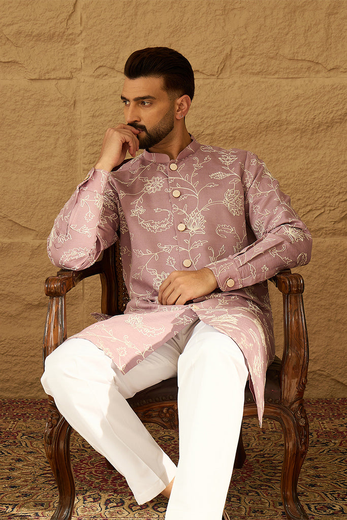 Lavender Viscose Rayon Solid Embroidered Straight Kurta with Trouser MKSET1704