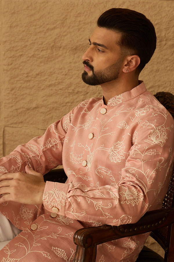 Peach Viscose Rayon Solid Embroidered Straight Kurta with Trouser MKSET1705