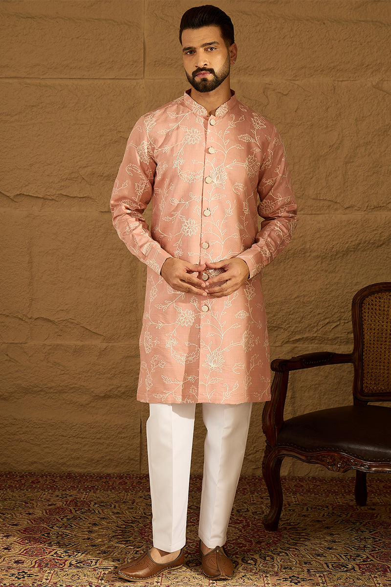 Peach Viscose Rayon Solid Embroidered Straight Kurta with Trouser MKSET1705