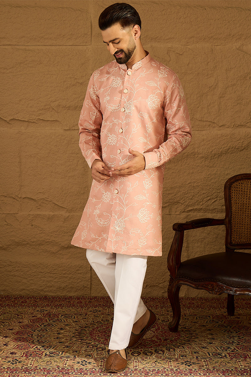 Peach Viscose Rayon Solid Embroidered Straight Kurta MKU1705