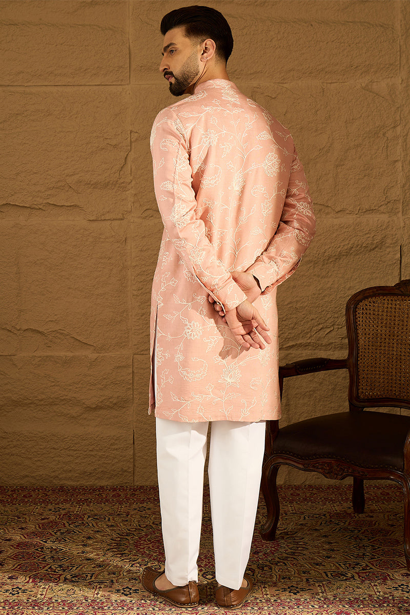 Peach Viscose Rayon Solid Embroidered Straight Kurta with Trouser MKSET1705