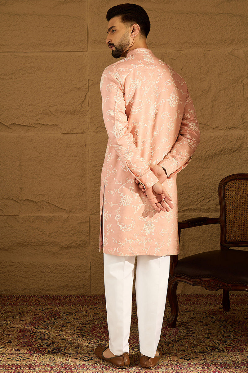 Peach Viscose Rayon Solid Embroidered Straight Kurta with Trouser MKSET1705
