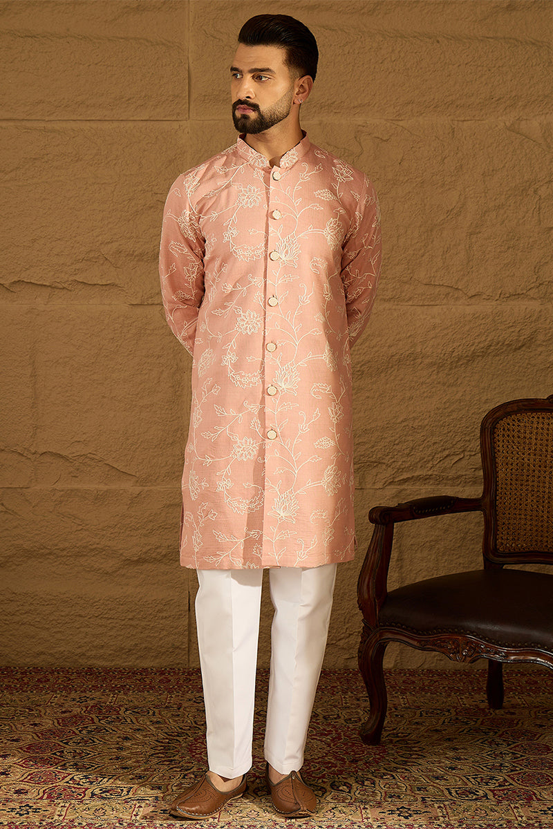 Peach Viscose Rayon Solid Embroidered Straight Kurta with Trouser MKSET1705
