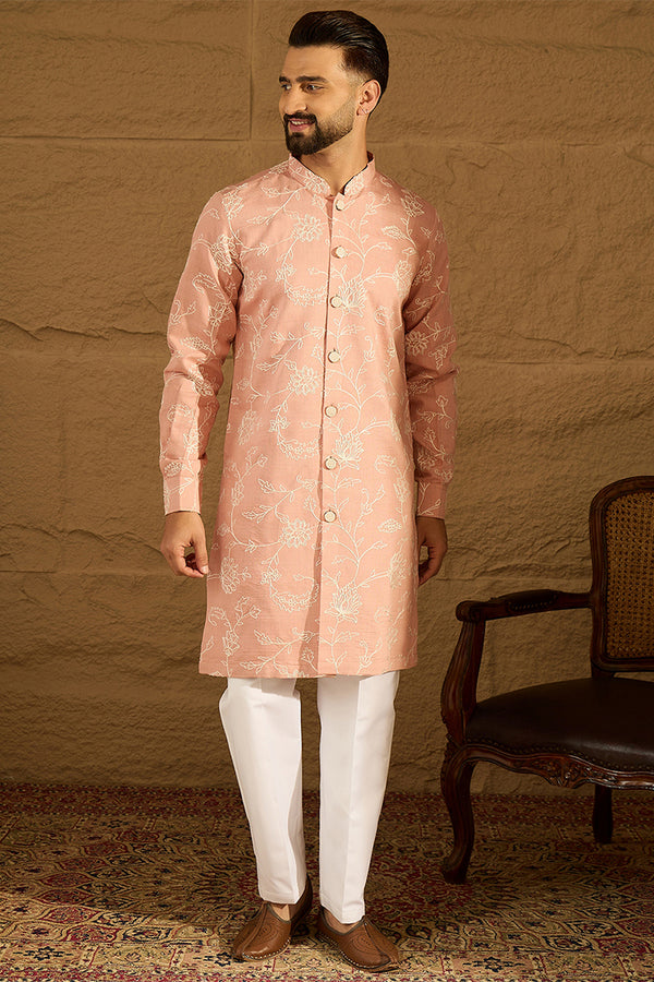 Peach Viscose Rayon Solid Embroidered Straight Kurta with Trouser MKSET1705