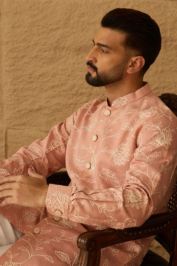 Peach Viscose Rayon Solid Embroidered Straight Kurta with Trouser MKSET1705