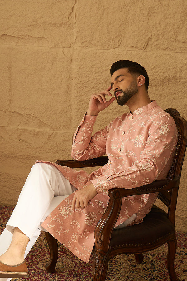 Peach Viscose Rayon Solid Embroidered Straight Kurta with Trouser MKSET1705