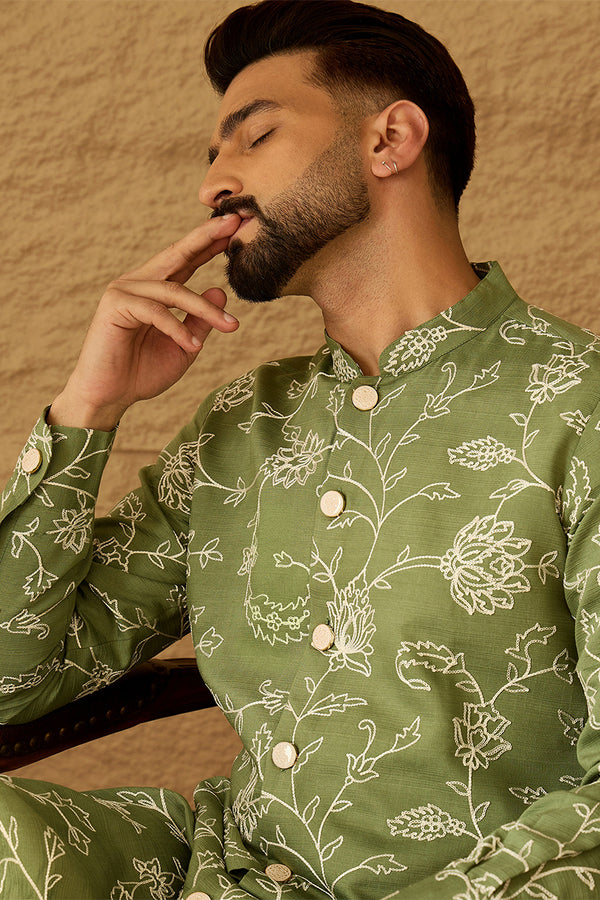 Green Viscose Rayon Solid Embroidered Straight Kurta with Trouser MKSET1706