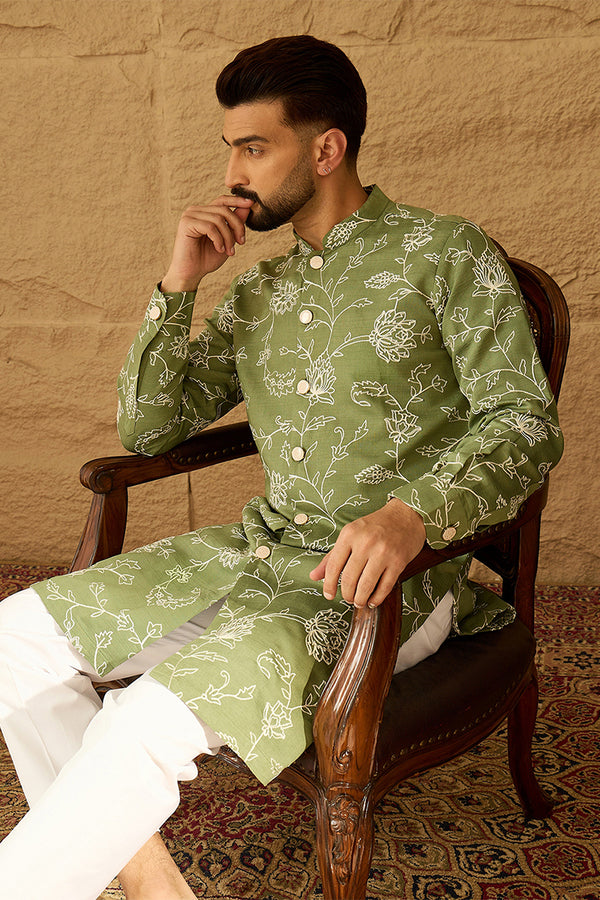 Green Viscose Rayon Solid Embroidered Straight Kurta with Trouser MKSET1706
