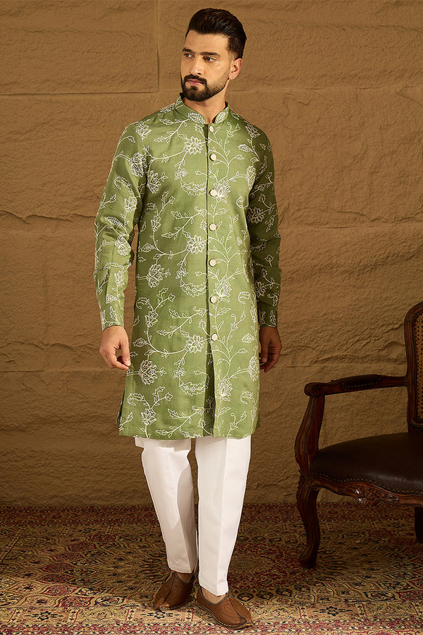 Green Viscose Rayon Solid Embroidered Straight Kurta with Trouser MKSET1706