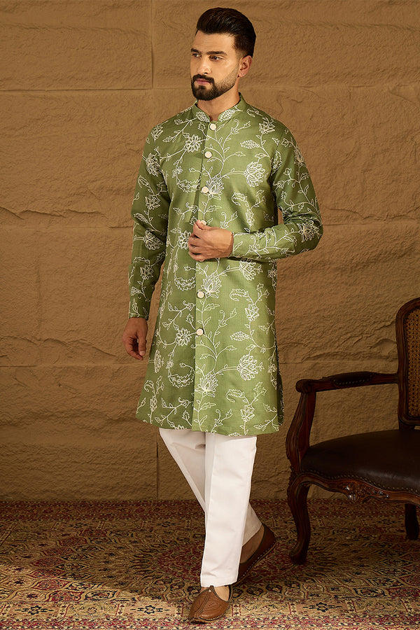 Green Viscose Rayon Solid Embroidered Straight Kurta with Trouser MKSET1706