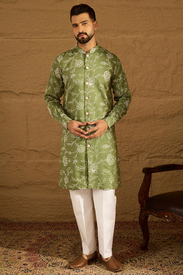 Green Viscose Rayon Solid Embroidered Straight Kurta with Trouser MKSET1706