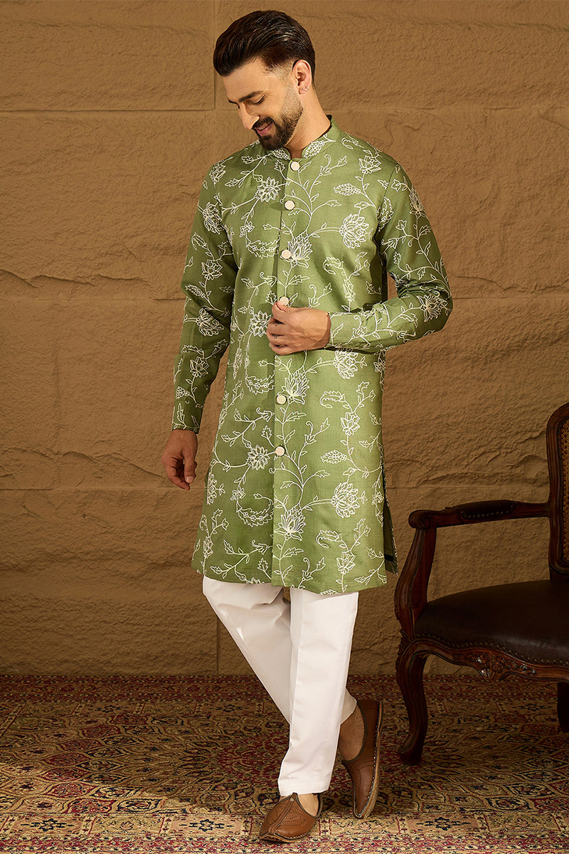 Green Viscose Rayon Solid Embroidered Straight Kurta MKU1706