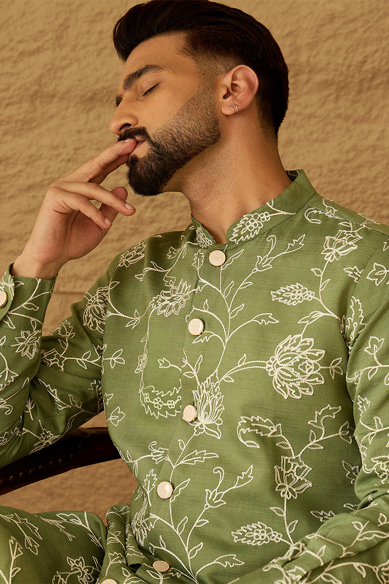 Green Viscose Rayon Solid Embroidered Straight Kurta with Trouser MKSET1706