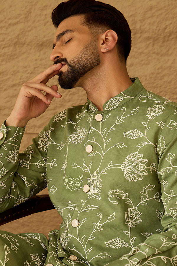 Green Viscose Rayon Solid Embroidered Straight Kurta with Trouser MKSET1706
