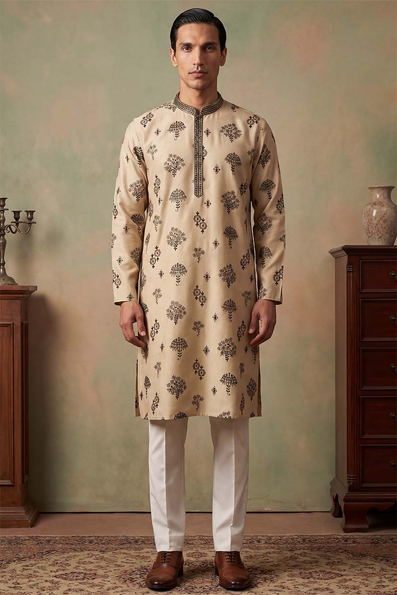 Silk Blend Embroidered Solid Cream Kurta MKU1716