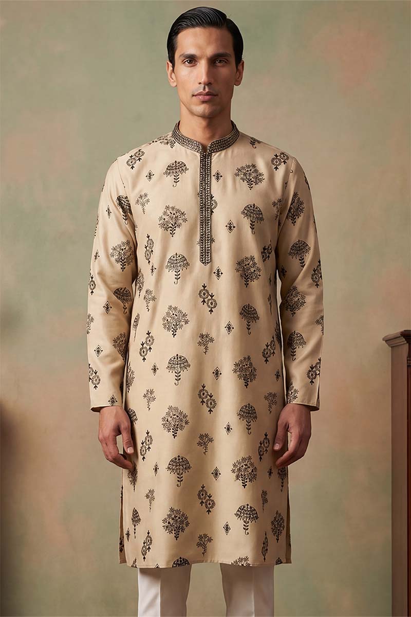 Silk Blend Embroidered Solid Cream Kurta With Trousers MKSET1716