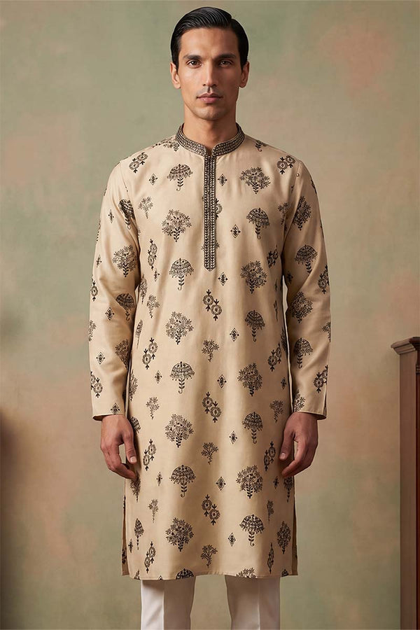 Silk Blend Embroidered Solid Cream Kurta MKU1716