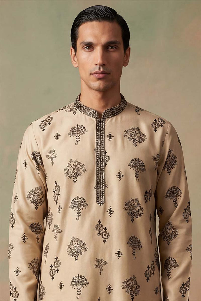 Silk Blend Embroidered Solid Cream Kurta MKU1716