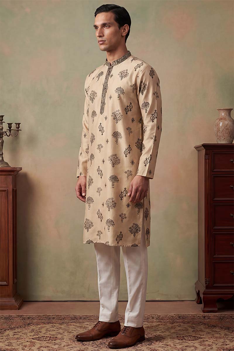 Silk Blend Embroidered Solid Cream Kurta MKU1716